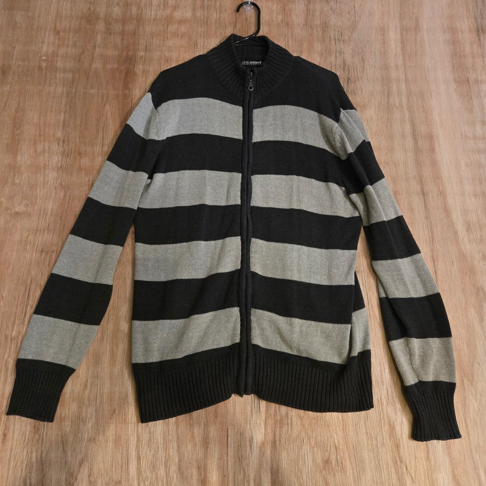 Level Eight Mens Premium Full Zip Sweater Black Grey Striped Cotton XL Cardigan